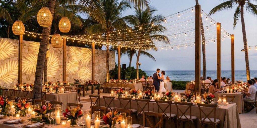 Iluminação para casamento tropical