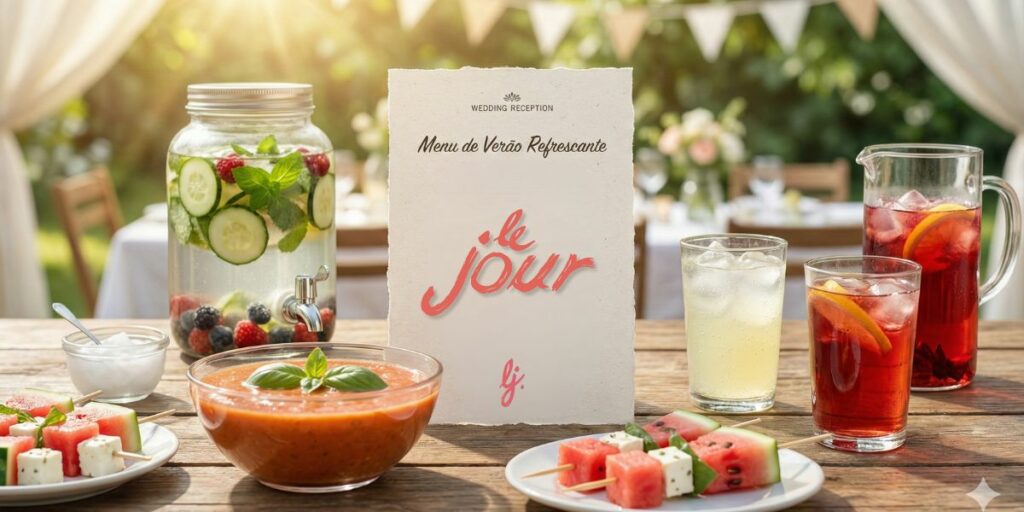 Menus com comidas e bebidas refrescantes para casamento