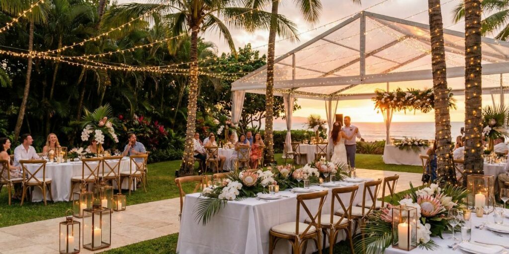 casamento ao ar livre com iluminação tropical