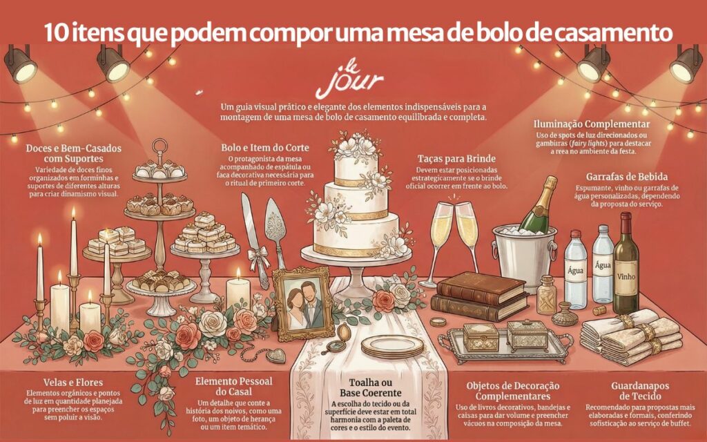 10 itens para mesa de bolo de casamento