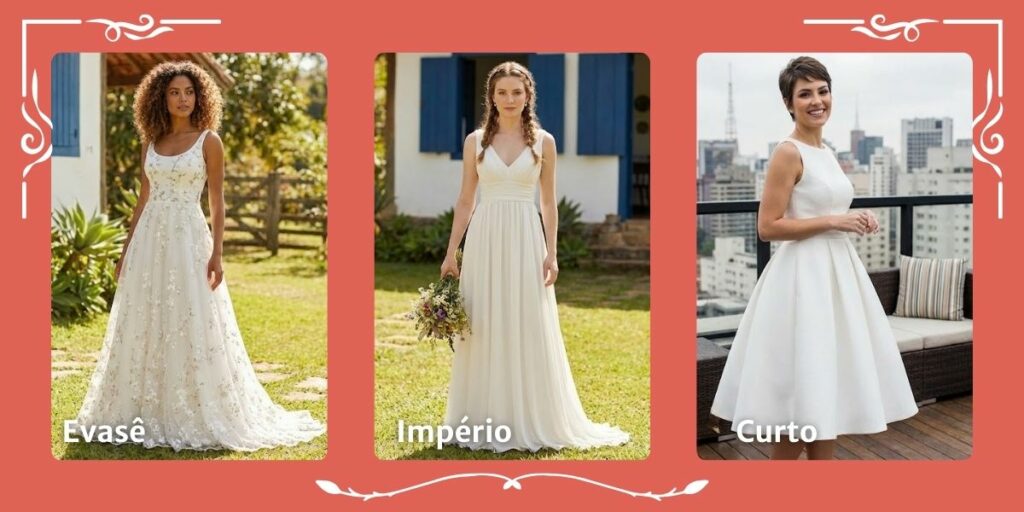 modelos evasê, império r curto de vestido de noivas