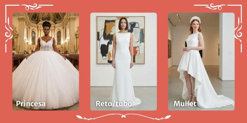 modelos princesa, mullet e reto de vestido de noivas