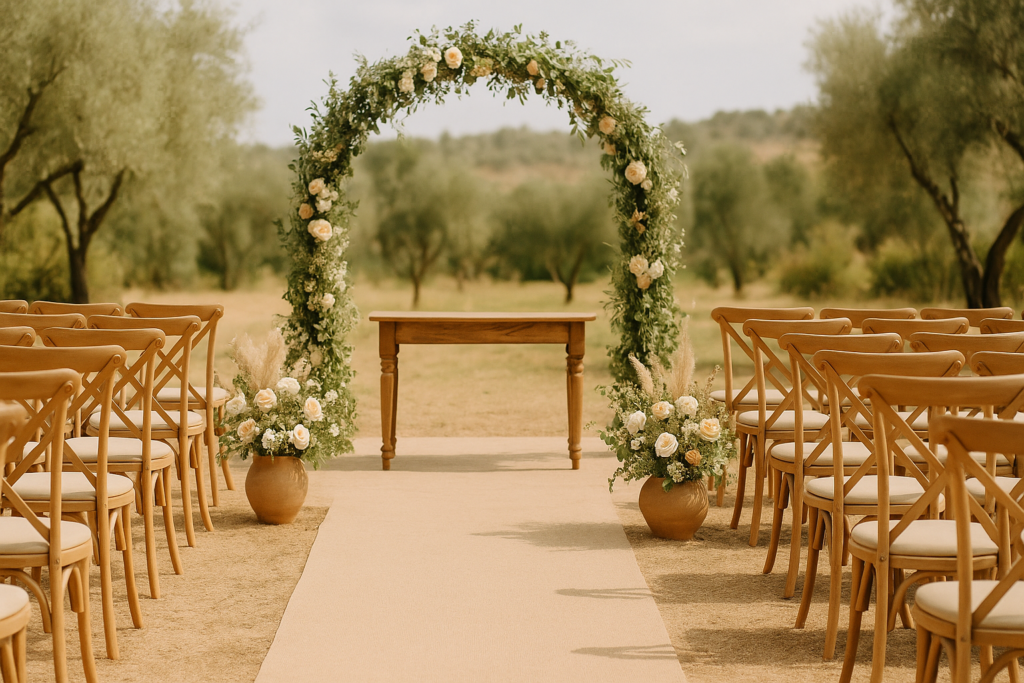 Casal no altar seguindo o roteiro da cerimônia de casamento com decoração de flores