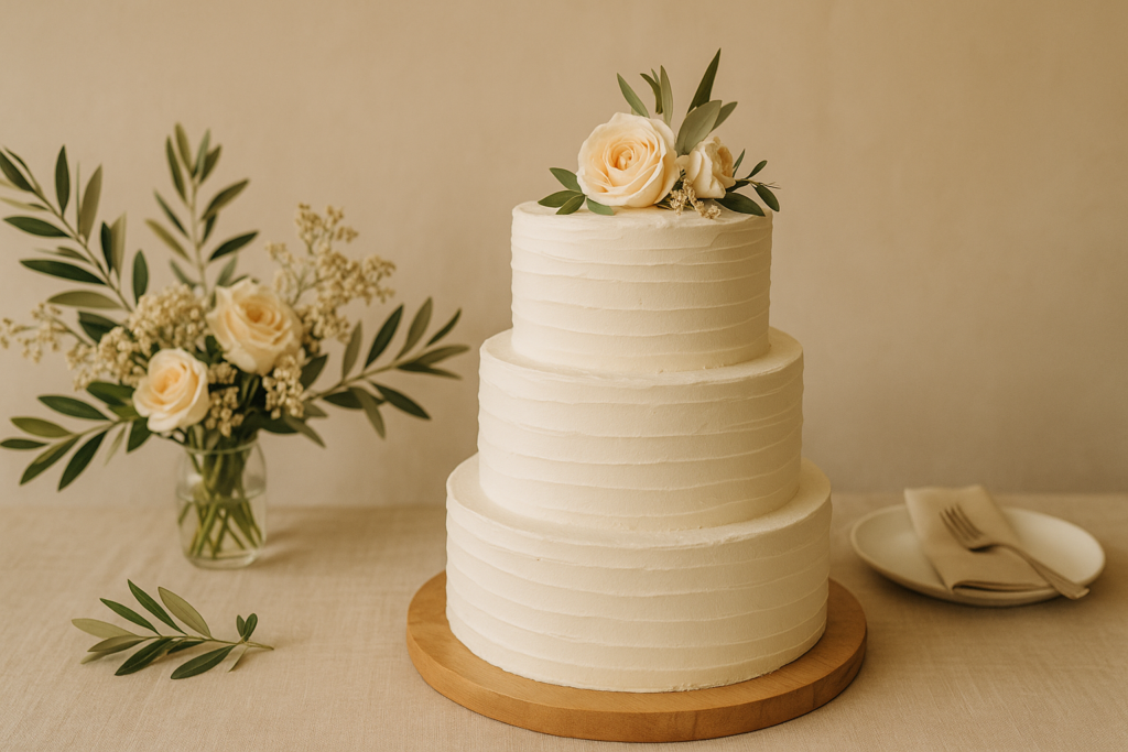 Bolo de casamento simples de dois andares branco com flores frescas sobre mesa decorada