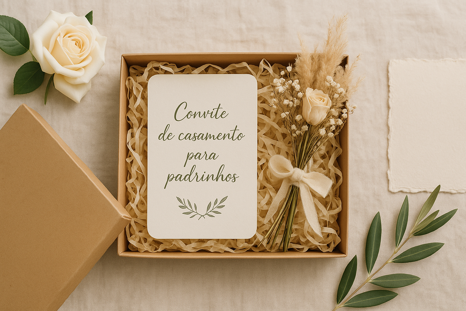 Casal entregando convite de casamento para padrinhos em uma caixa personalizada
