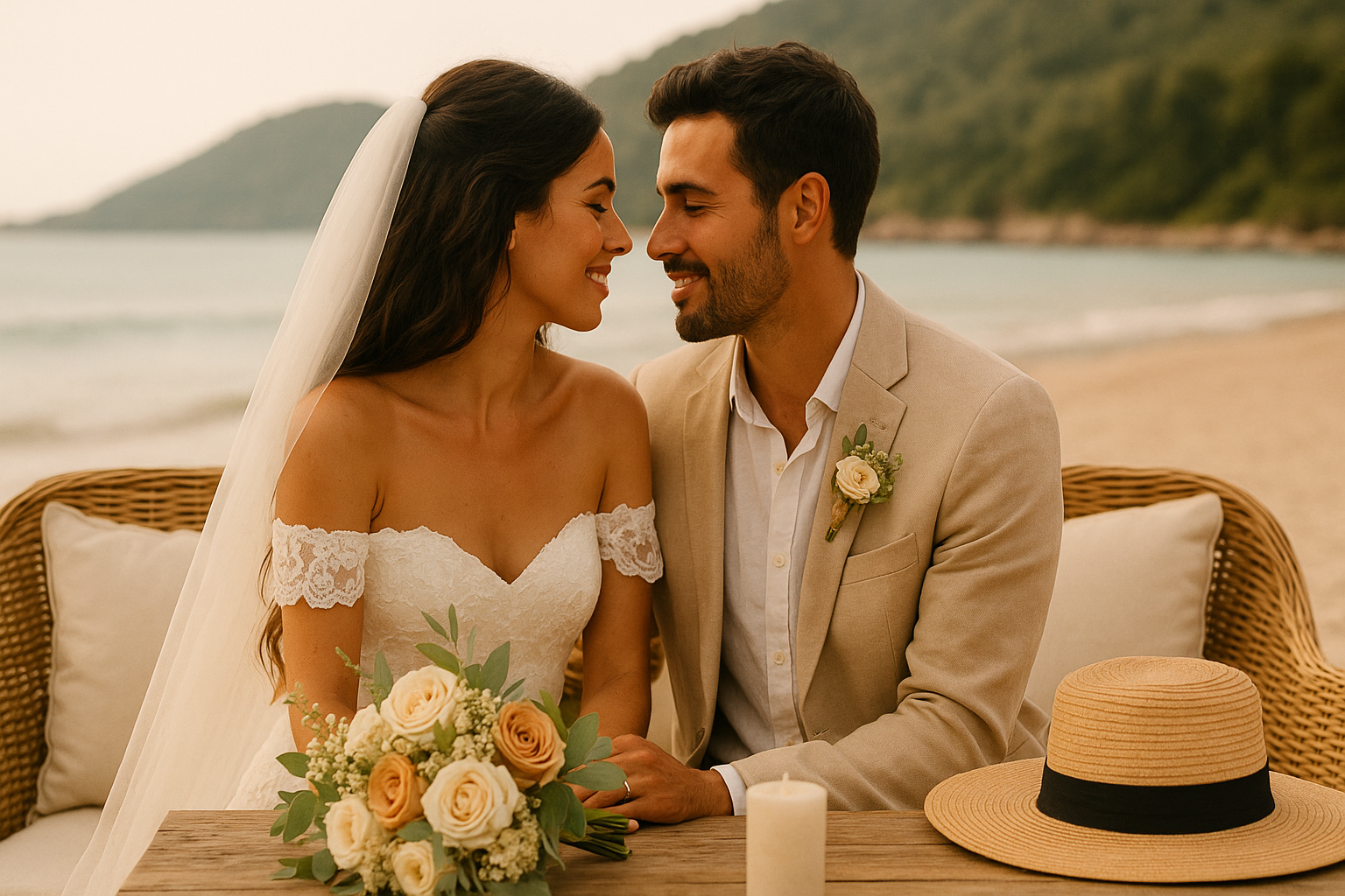Casal apaixonado escolhendo destinos de lua de mel em praia paradisiaca ao pôr do sol