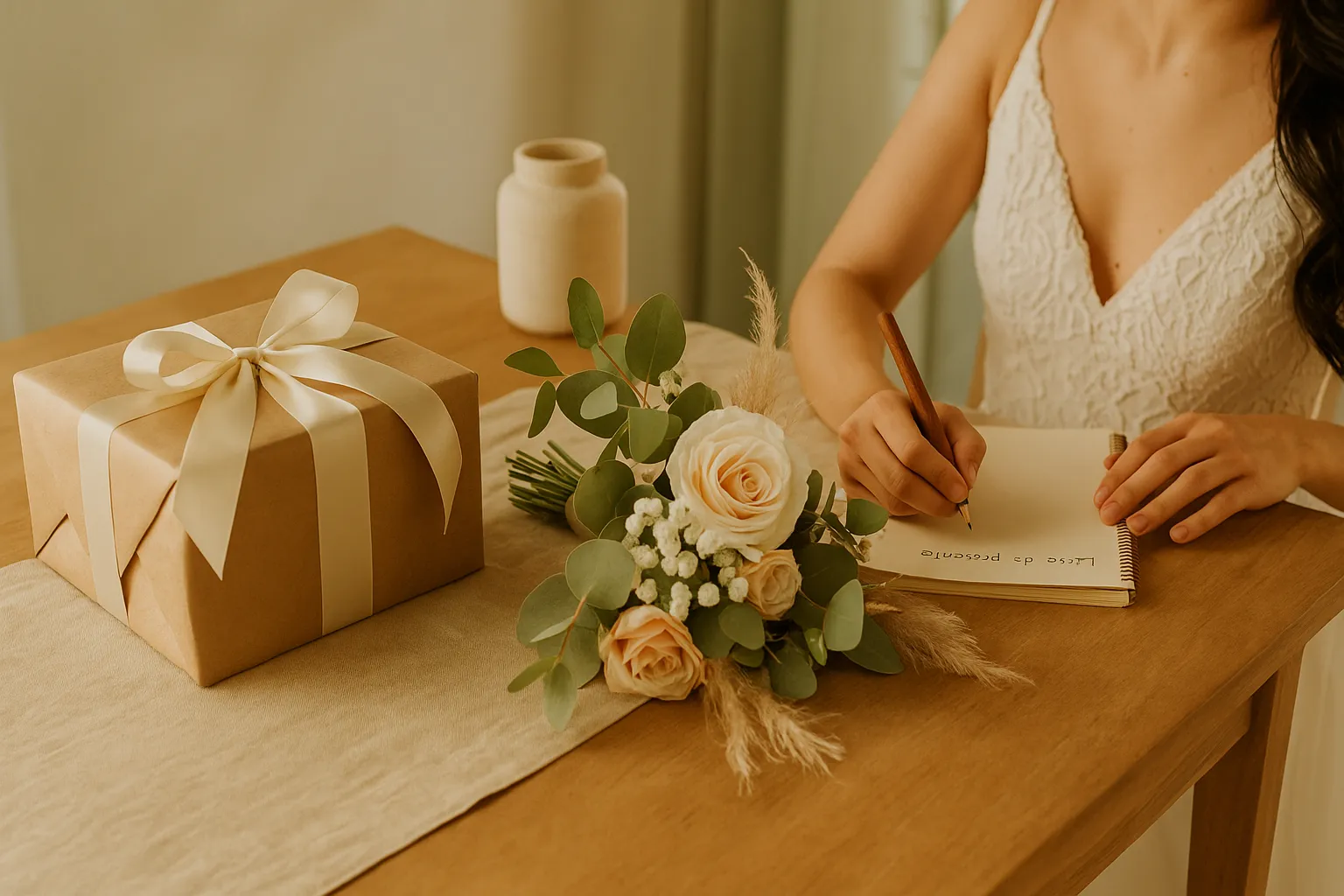 Casal celebrando com lista de presentes temática personalizada no casamento