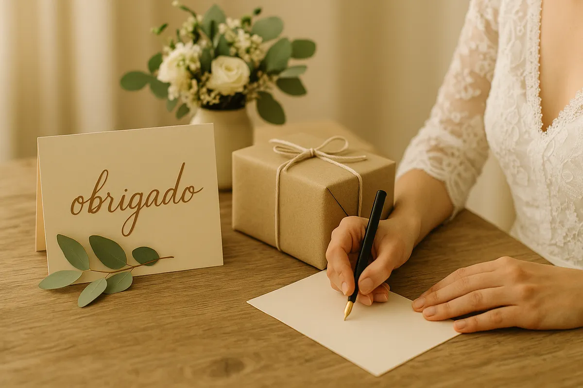 Casal escrevendo cartões para agradecer os convidados pelos presentes de casamento