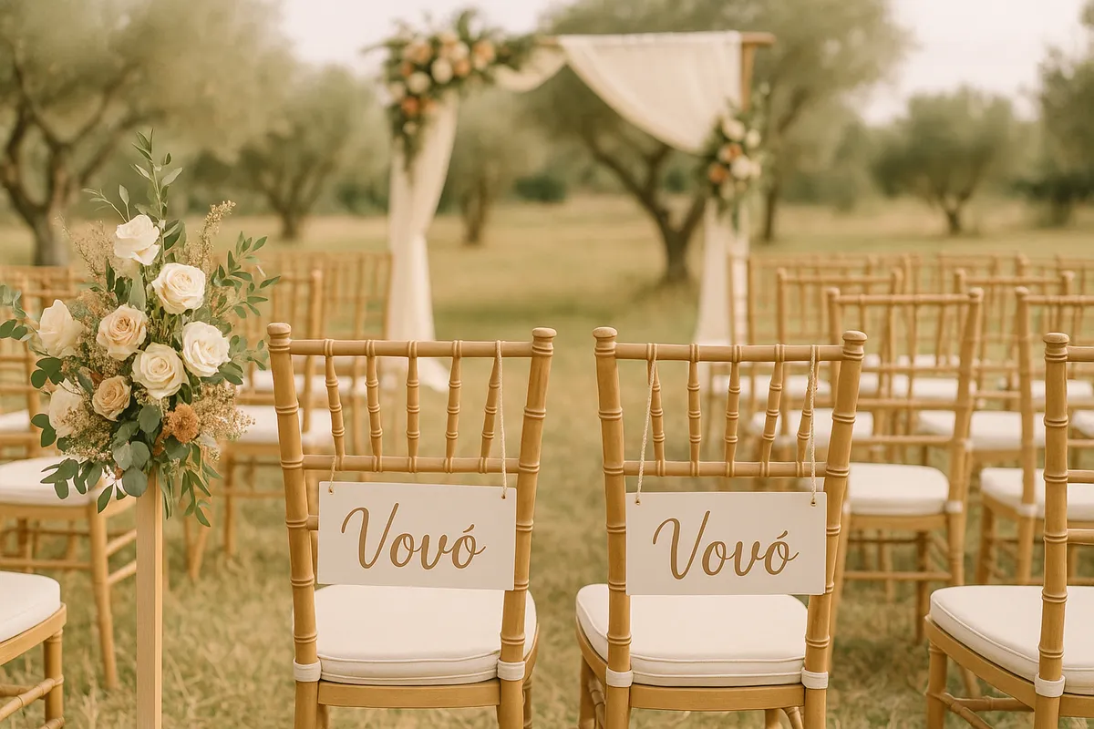 Avós no casamento sorrindo ao lado dos netos noivos durante a cerimônia