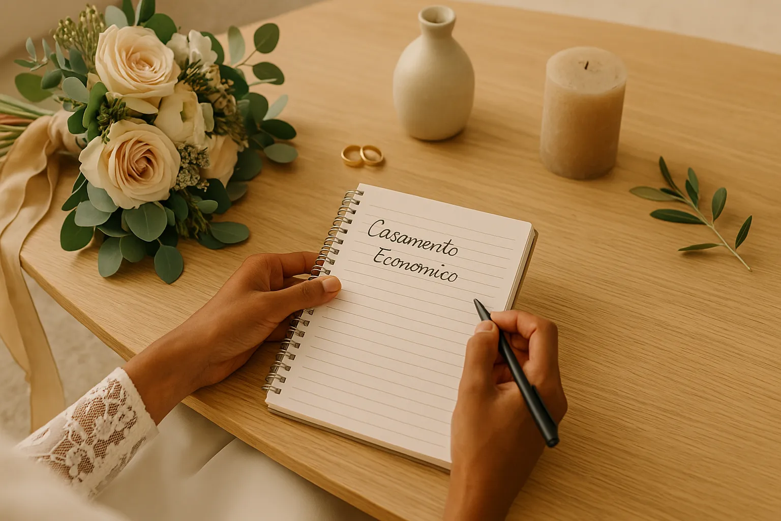 Casal sorrindo enquanto planeja o casamento econômico em um notebook, rodeados de anotações e flores