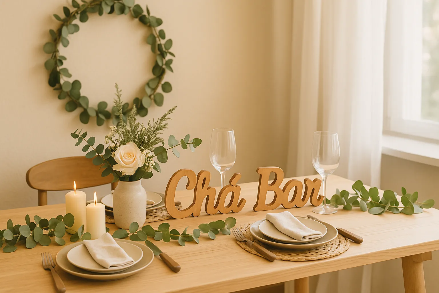 Mesa de chá bar decorada com drinks, flores e detalhes personalizados para celebração pré-casamento