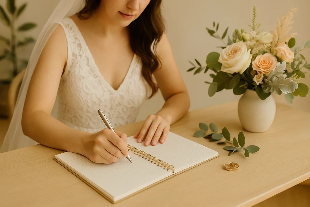 Casal feliz consultando o checklist do casamento em um notebook, planejando o grande dia mês a mês