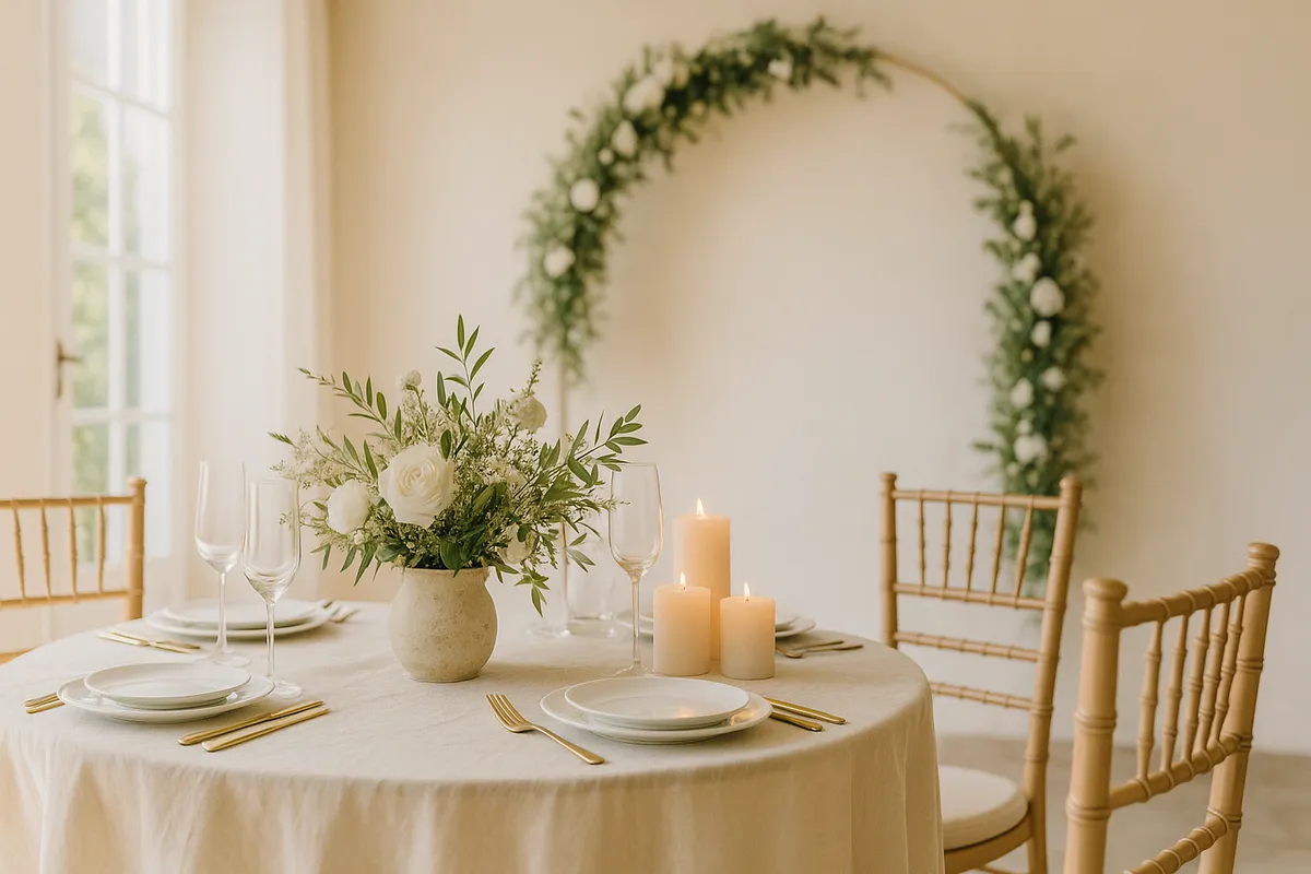 Decoração de casamento simples com flores delicadas, velas e mesa posta em ambiente acolhedor