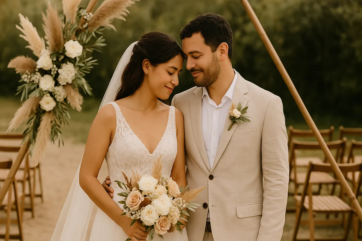Casal tímido sorrindo naturalmente durante sessão de fotos no casamento ao ar livre
