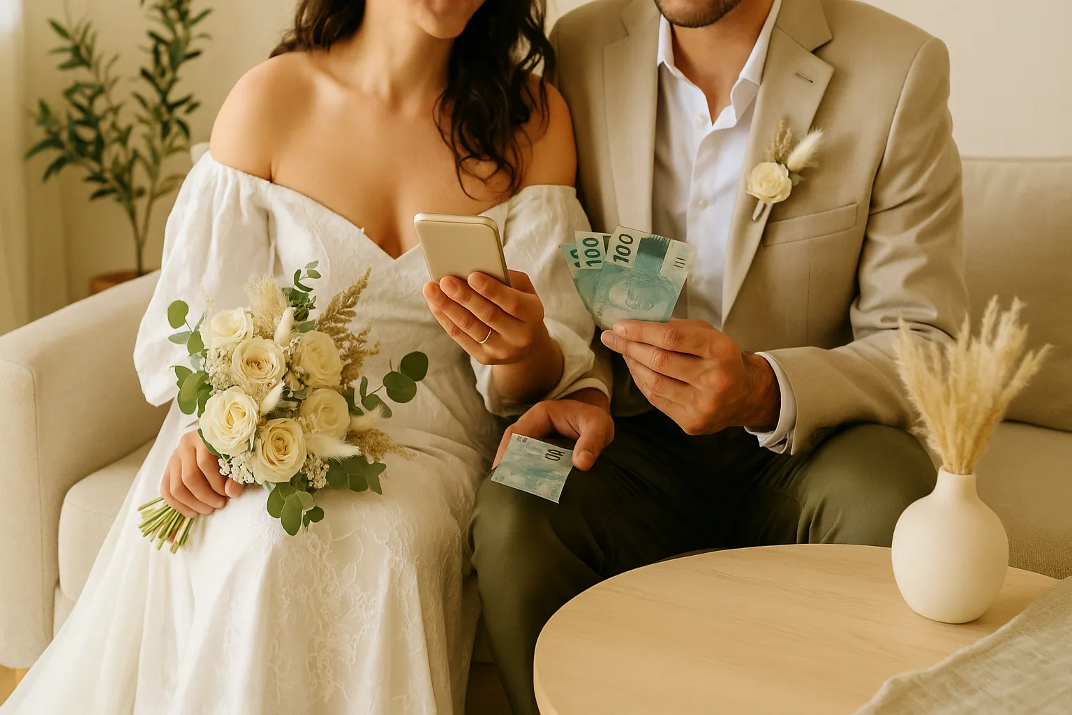 Casal moderno consultando lista de presentes digital no celular, sorrindo juntos