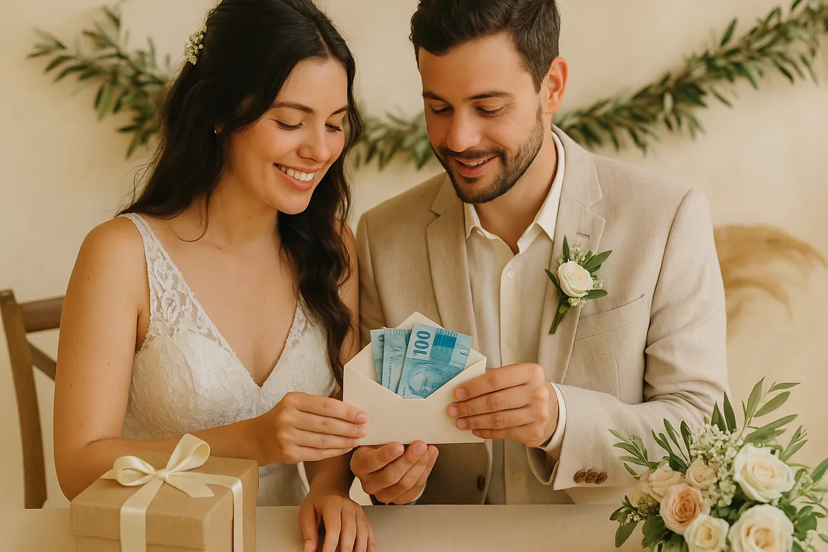 Casal feliz planejando a lista de presentes e optando por pedir dinheiro como presente de casamento