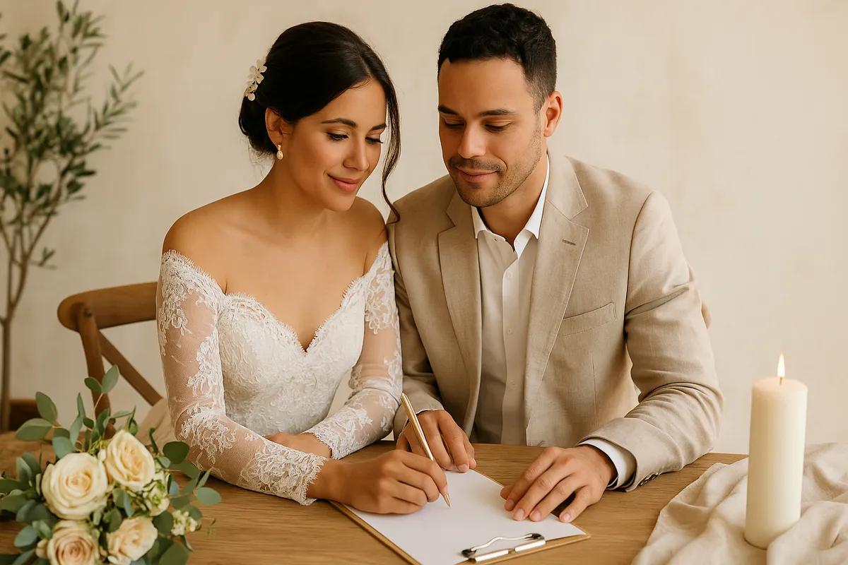 Casal sorrindo enquanto planeja o casamento com caderno e laptop aberto na mesa