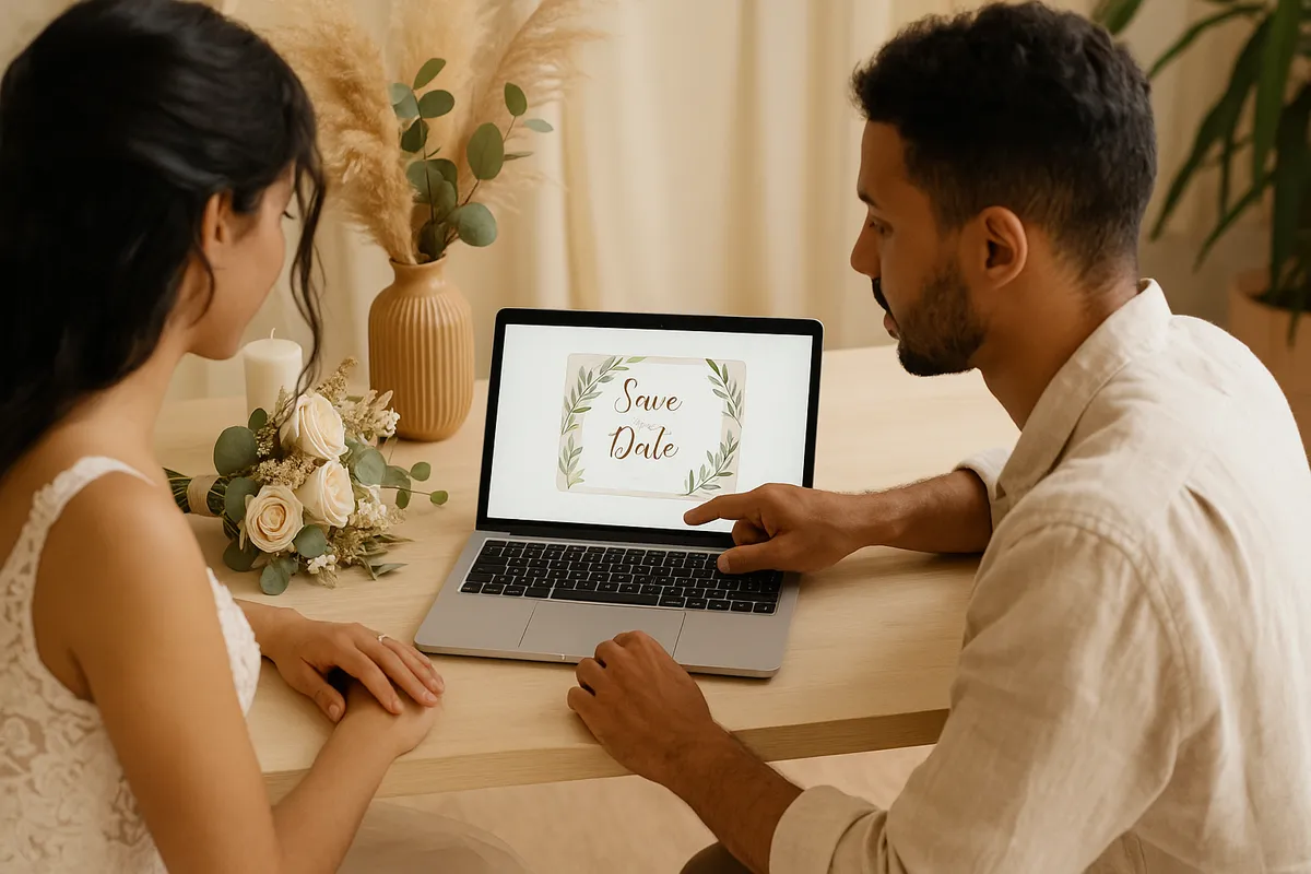 Casal criando save the date online gratuito no celular pela Lejour