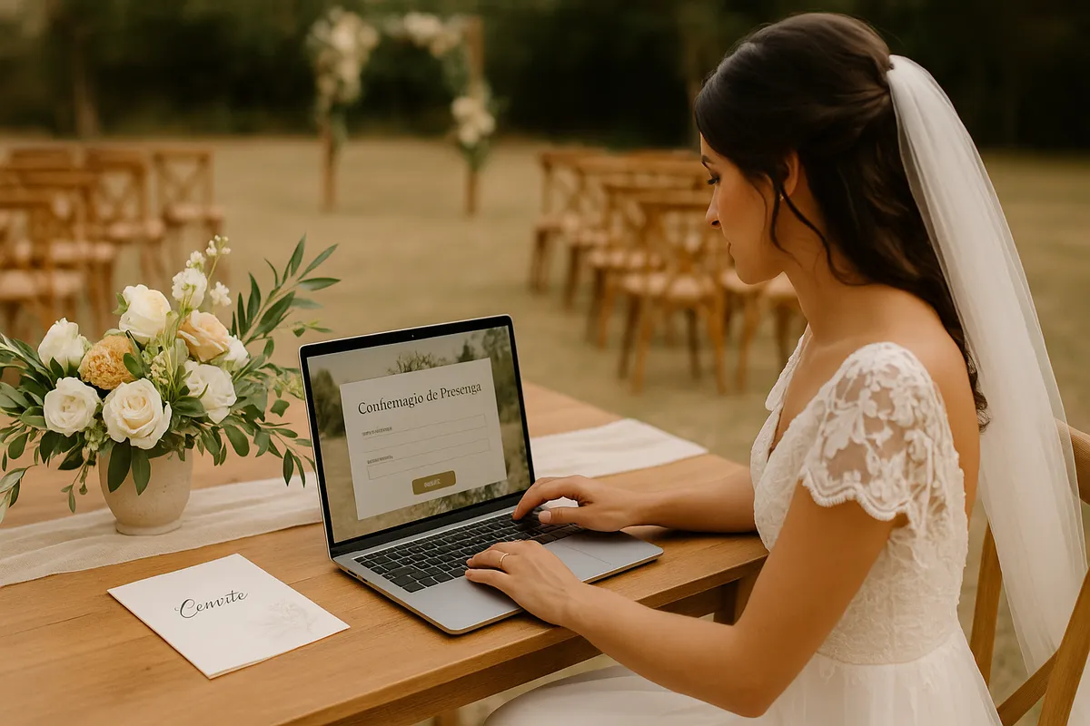 Casal olhando para o site de casamento com confirmação de presença no celular, sorrindo