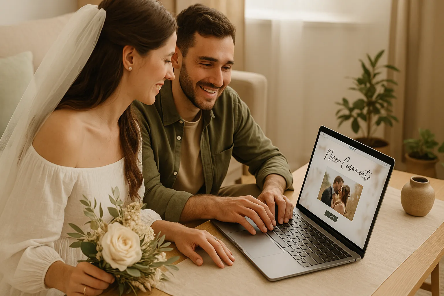 Casal sorrindo enquanto cria o site de casamento no celular