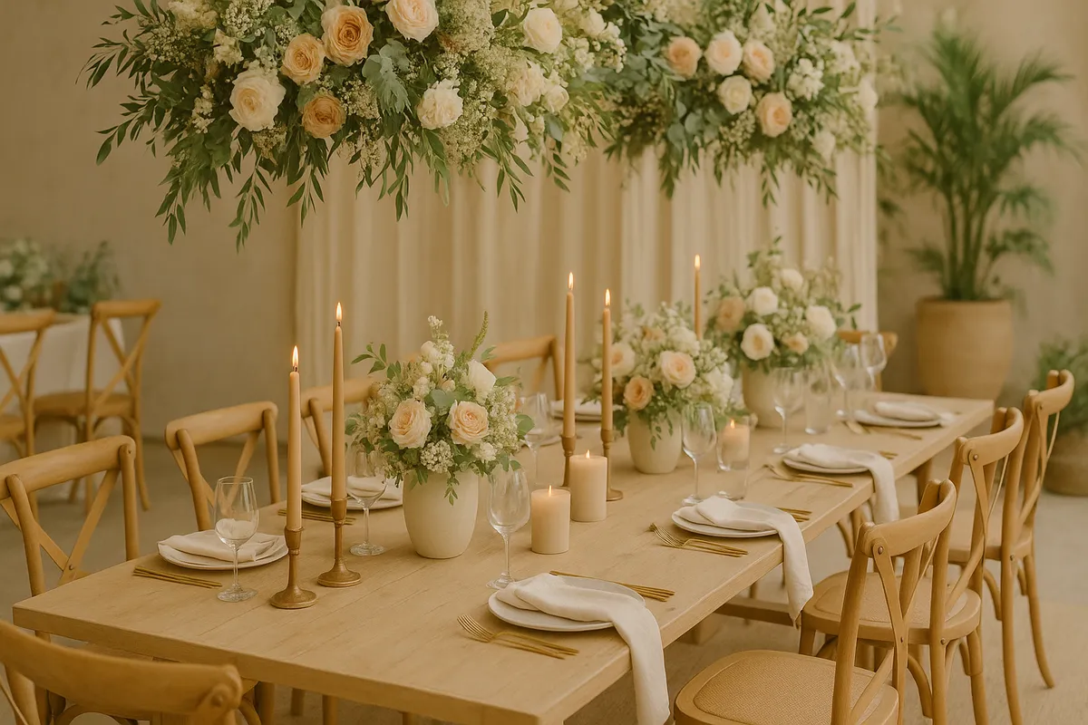 Salão decorado com tendências de decoração para casamento 2026, com flores naturais, velas e paleta de cores suave