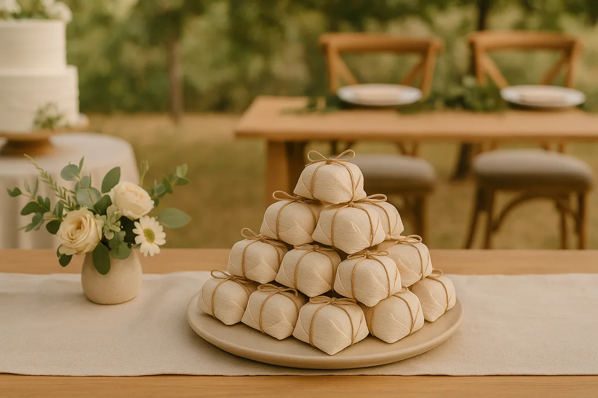 Bem-casados no casamento dispostos em mesa de doces decorada com flores brancas