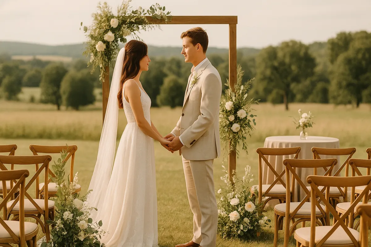 Casal celebrando casamento no campo praia ou cidade com decoração romântica ao ar livre