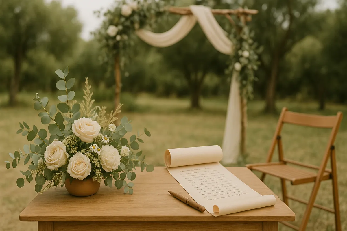 Casamento sustentável ao ar livre com decoração natural, flores frescas e mesa com elementos reutilizáveis