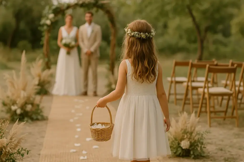 Dama de honra infantil com vestido florido caminhando no corredor da cerimônia de casamento