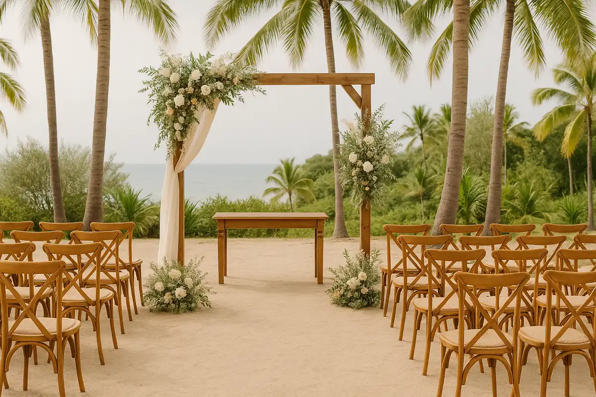 Casal celebrando destination wedding no Brasil em cenário à beira-mar ao pôr do sol