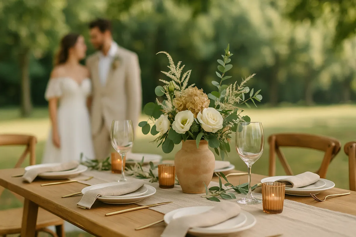Decoração de estilo de mesa para casamento com flores, velas e louças elegantes