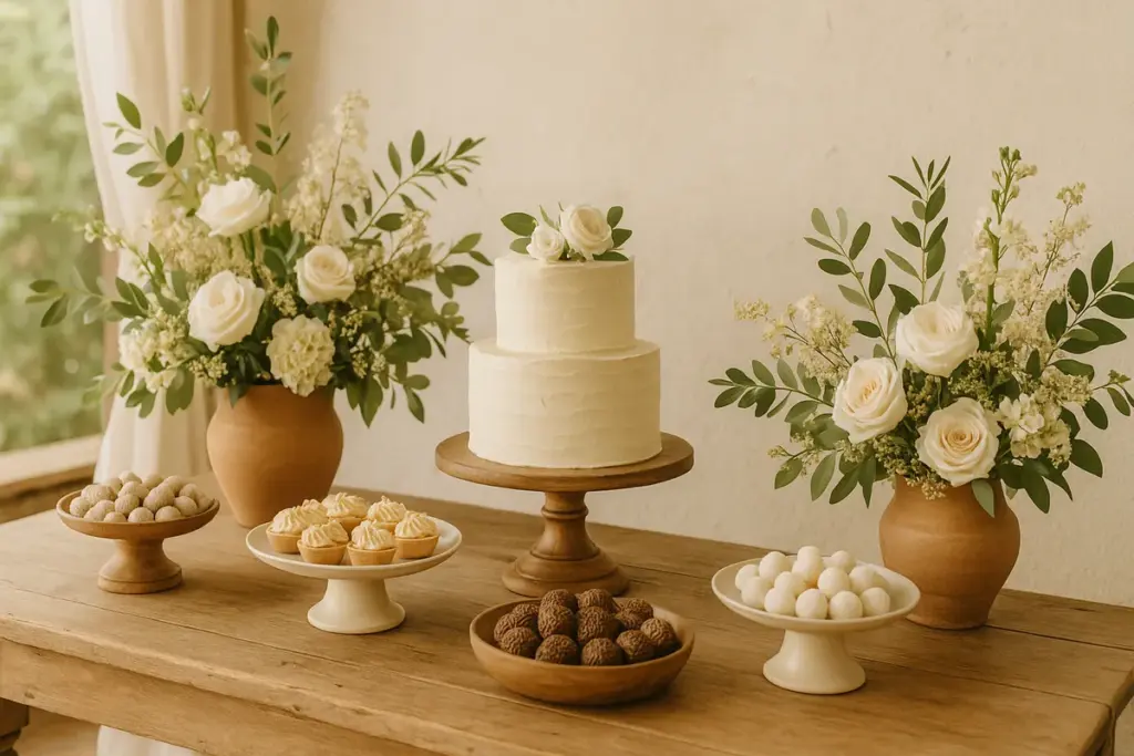 Mesa de doces decorada com flores e docinhos variados para casamento
