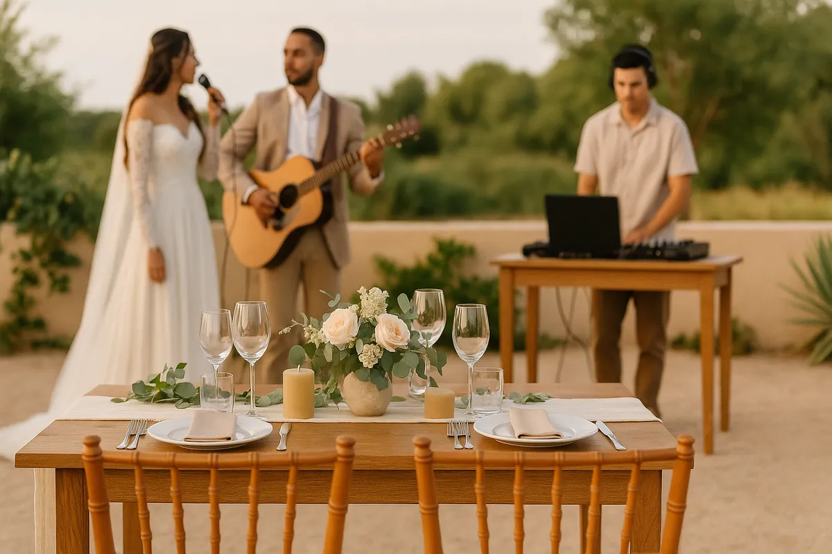 Casal dançando na pista durante festa de casamento com música ao vivo