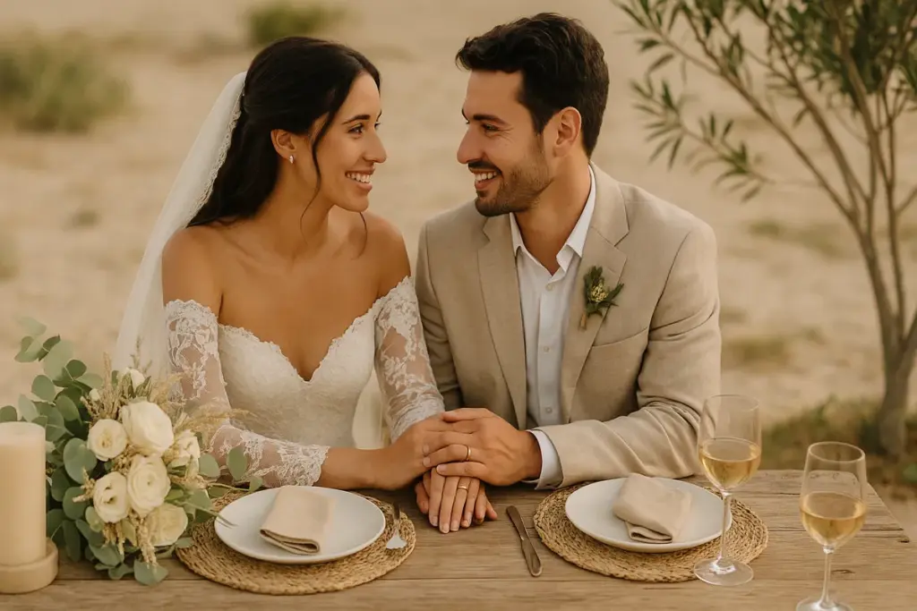 Casal sorridente em momento íntimo após o casamento, celebrando o que fazer depois do casamento