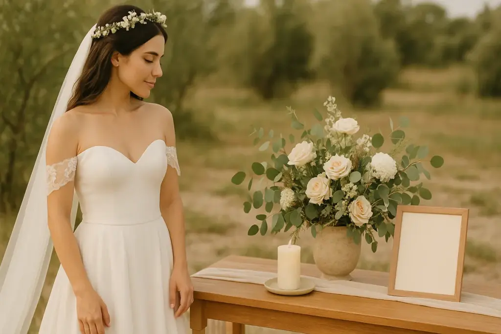 Noiva usando vestido de noiva branco clássico com véu longo em cerimônia elegante