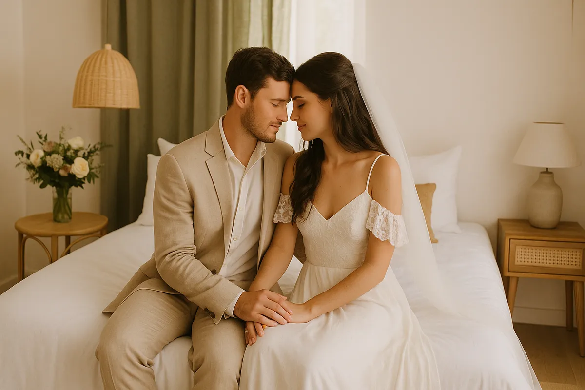 Casal feliz em viagem de lua de mel, abraçados ao pôr do sol