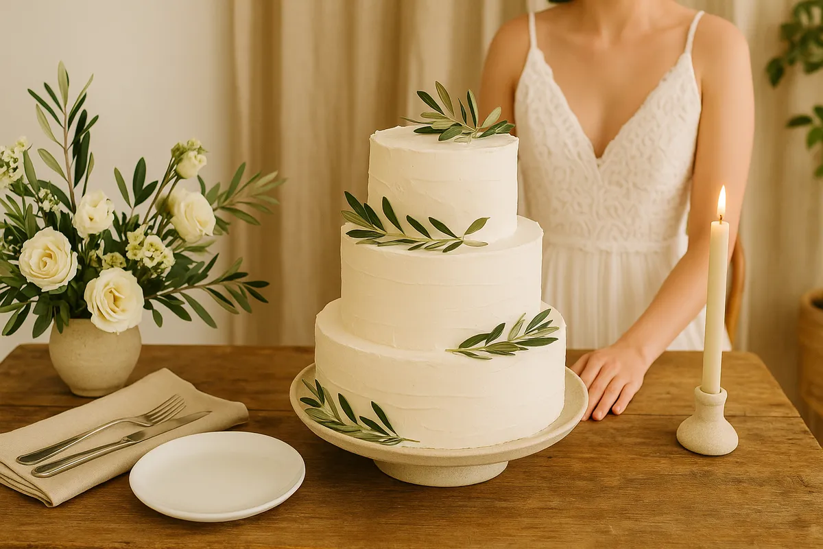 Casal cortando o bolo de casamento em cerimônia elegante