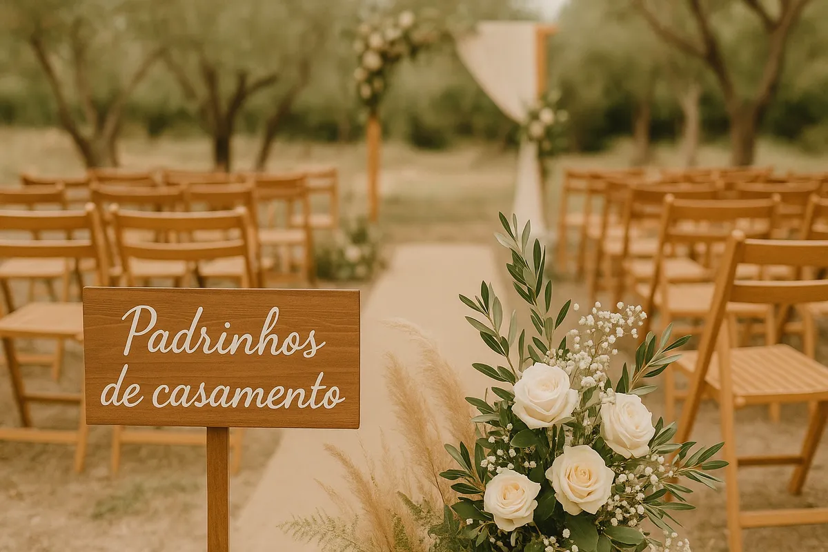 Padrinhos de casamento ao lado do casal durante a cerimônia, sorrindo e celebrando o grande dia