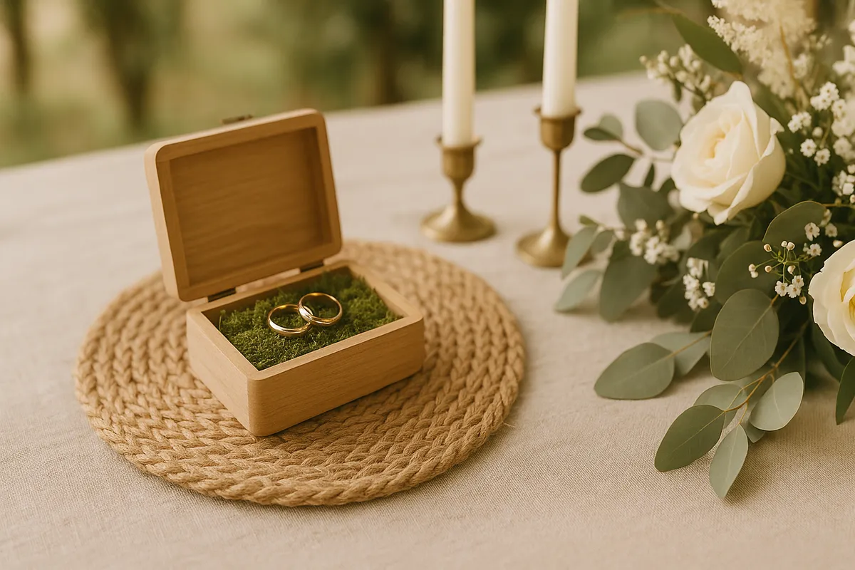 Porta-aliança de madeira com flores delicadas sobre mesa decorada para casamento