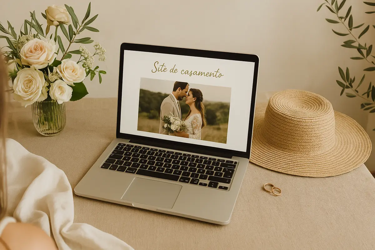 Casal sorrindo enquanto configura o site de casamento no computador