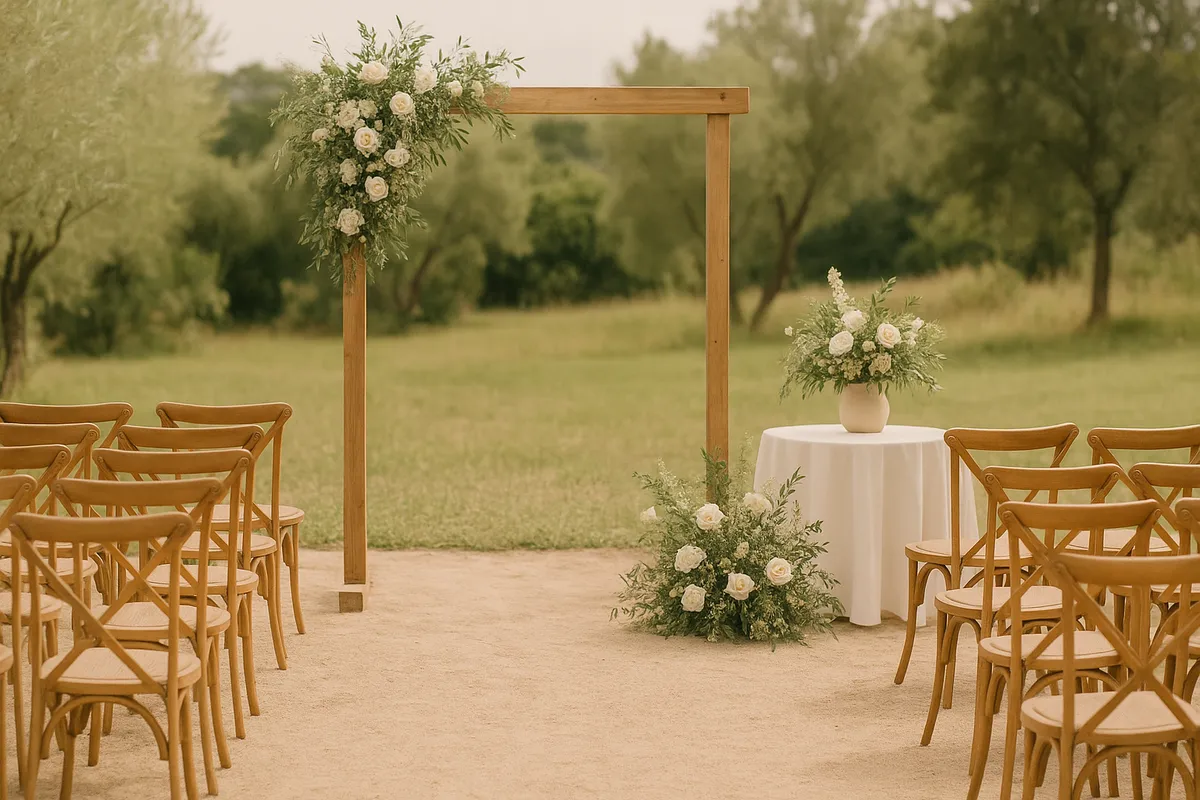 Casal celebrando casamento com tradições de casamento como buquê, aliança e bolo ao fundo