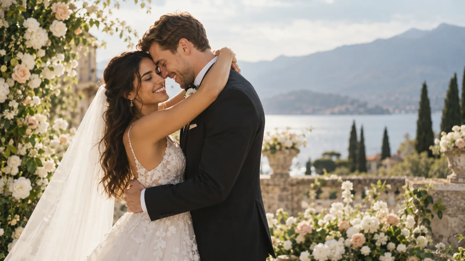 Noivos abraçados e sorrindo no dia do casamento, em um jardim florido com vista para o lago